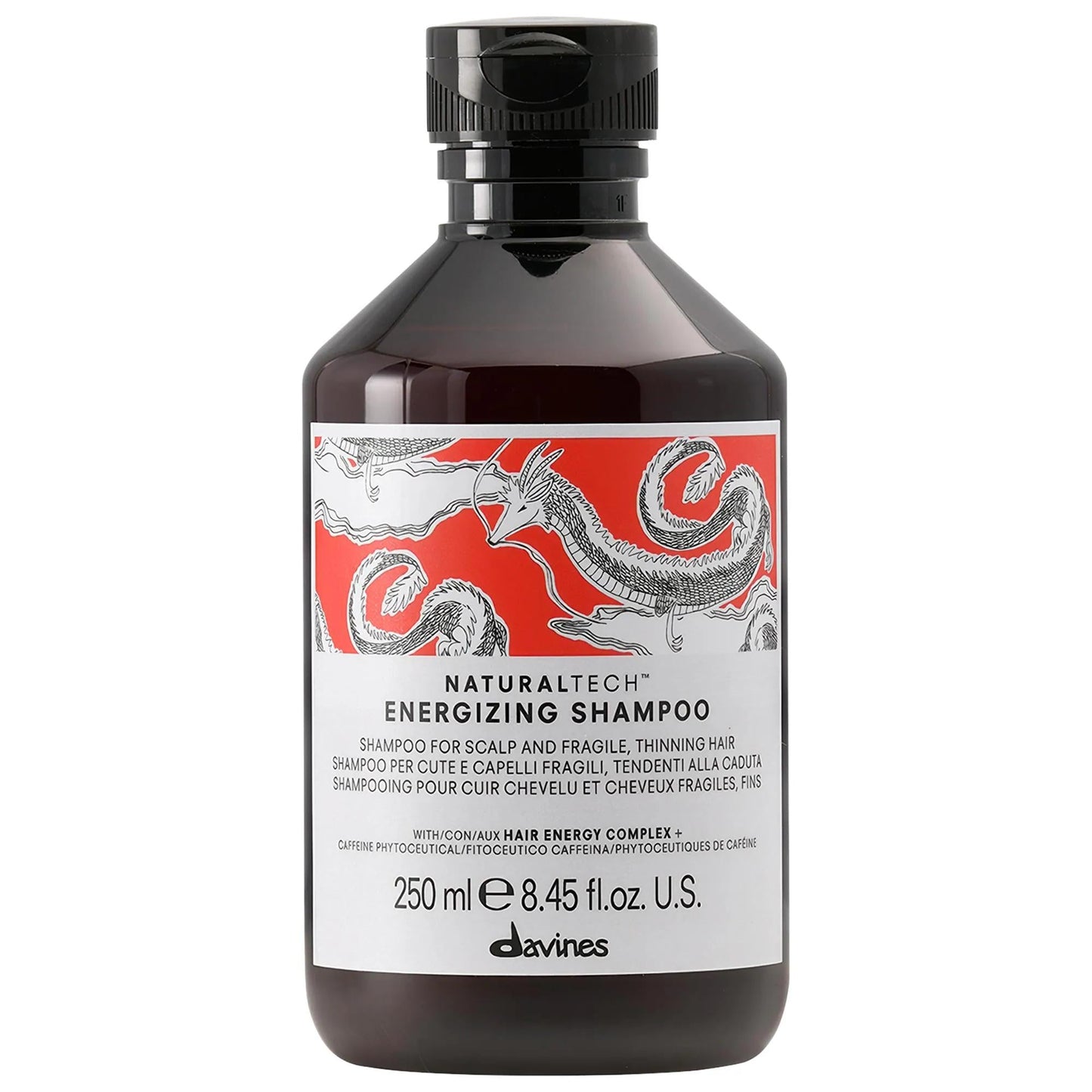 Shampoo bottle Davines NaturalTech Energizing with black bottle and red dragon label 250 ml on Tampa Home & Garden Store