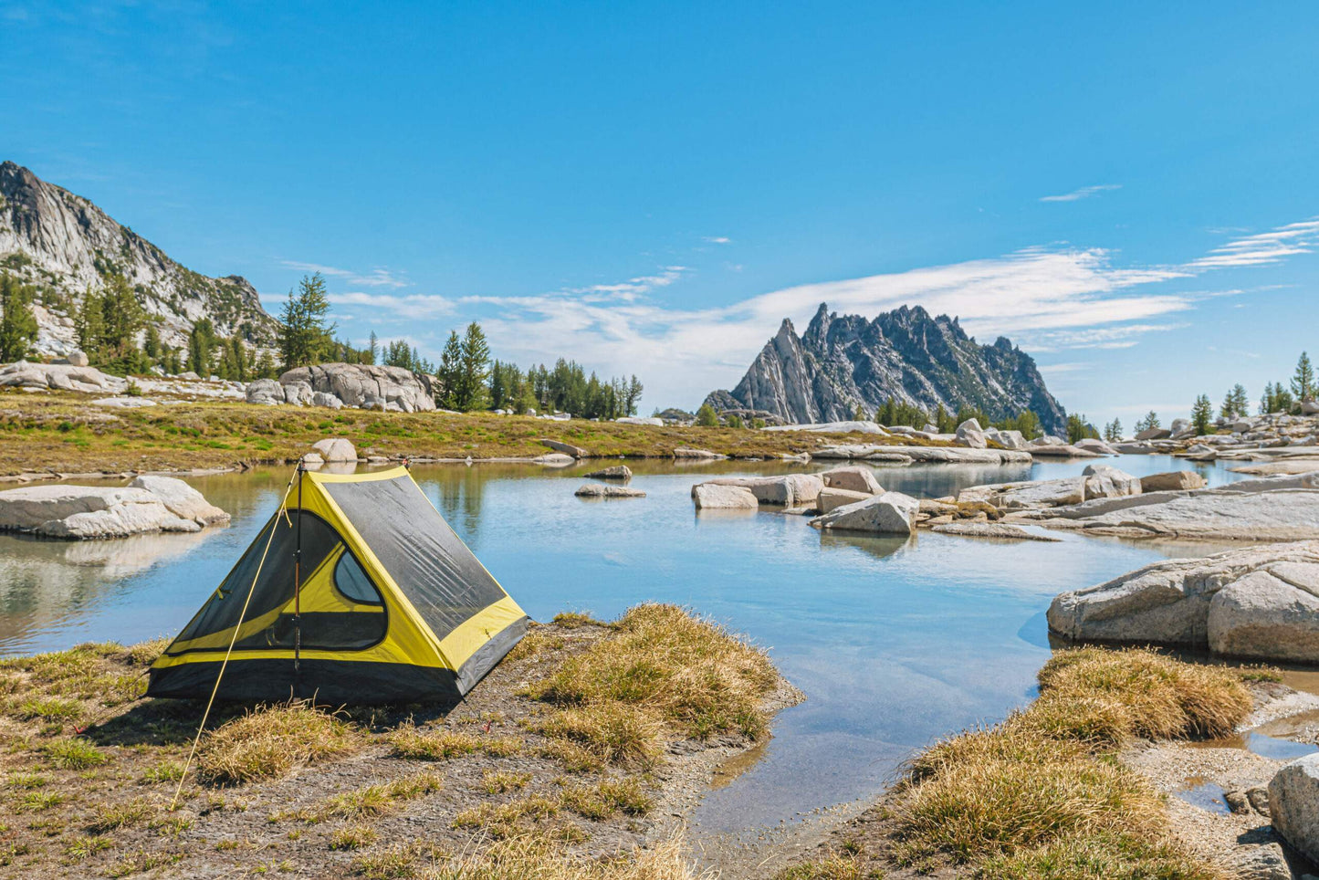 Trekker Palace 2-Person Backpacking Tent, River Country Gear, yellow and gray by lake on Tampa Home & Garden Store