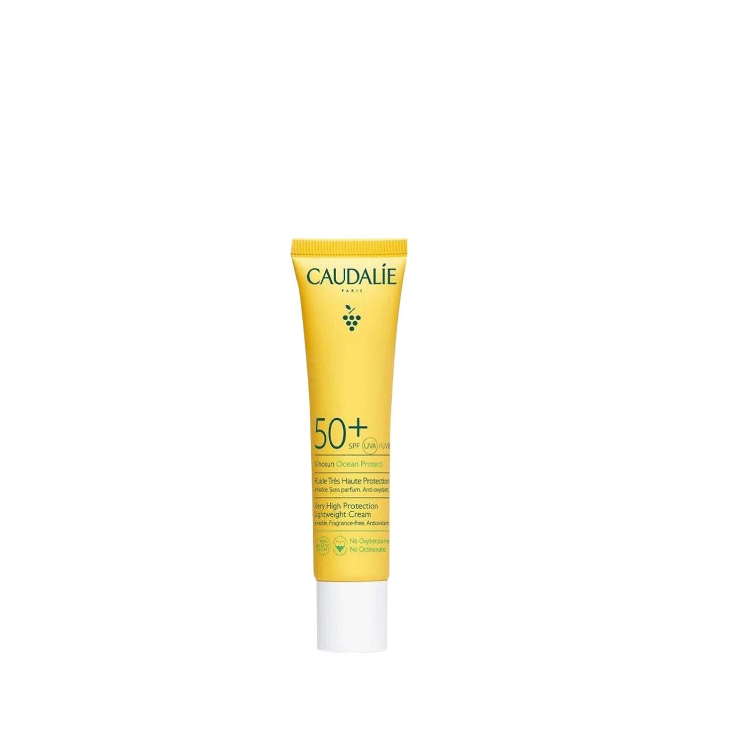 Caudalie Vinosun SPF 50+ sunscreen tube, yellow with white cap, green grape logo on front on Tampa Home & Garden Store