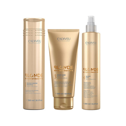 Hair care set Cadiveu Blonde Reconstructor for bleached hair in gold bottles with shampoo mask spray on Tampa Home & Garden Store