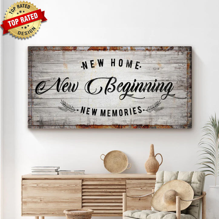 New Home New Beginning Sign canvas wall art with rustic wood background Tailored Canvases on Tampa Home & Garden Store