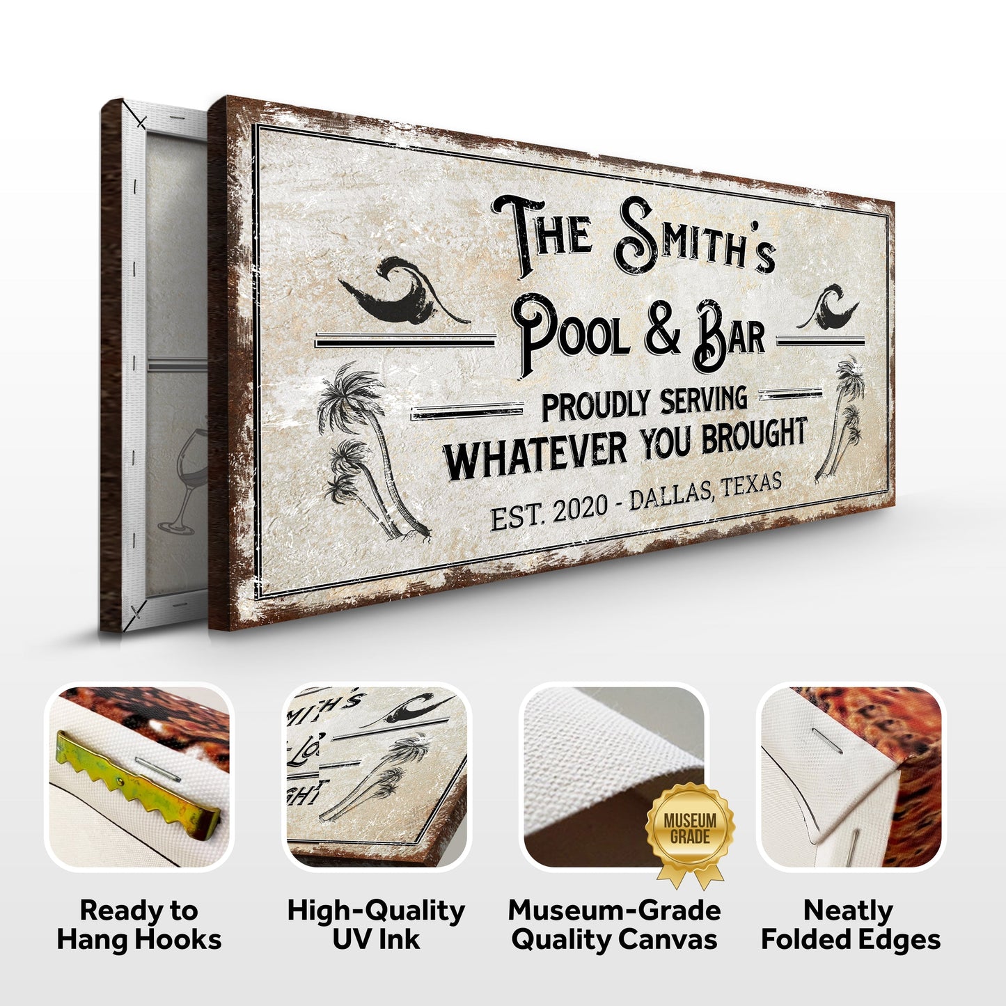 Personalized rustic pool sign canvas by Tailored Canvases, distressed beige crafting wall decor on Tampa Home & Garden Store