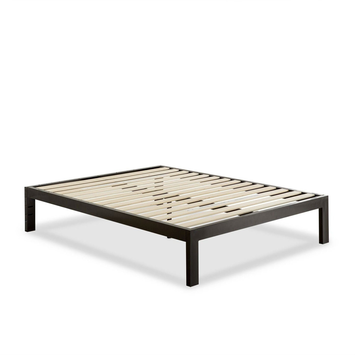 Base de cama con plataforma de metal negro totalmente moderna con listones de madera