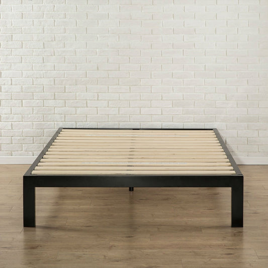 Full Modern Black Metal Platform Bed Frame with Wood Slats - Tampa Home & Garden Store
