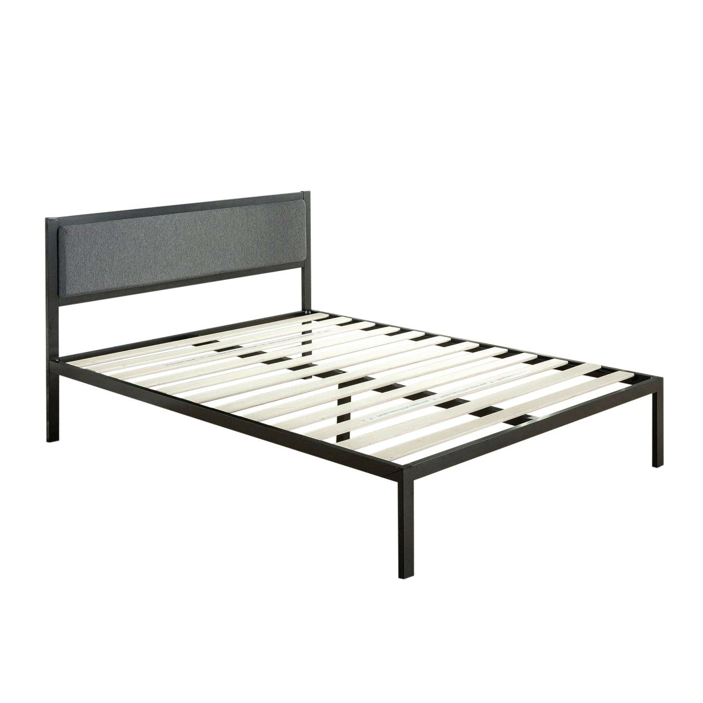 Estructura de cama de plataforma metálica de tamaño completo con somier de láminas de madera y cabecero tapizado