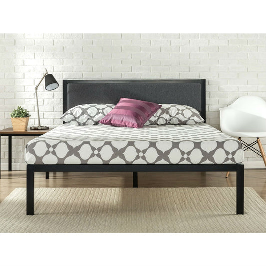 Full size Metal Platform Bed Frame with Wood Slats and Upholstered Headboard - Tampa Home & Garden Store