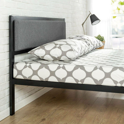 Estructura de cama de plataforma metálica de tamaño completo con somier de láminas de madera y cabecero tapizado