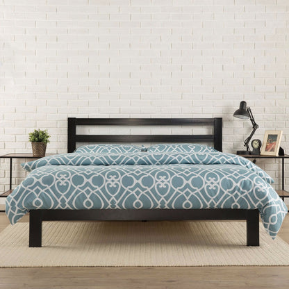 Base de cama de plataforma de metal resistente de tamaño completo con cabecero y listones de madera