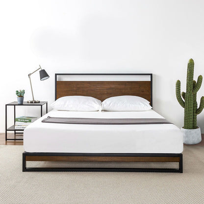 Estructura de cama de plataforma de metal y madera tamaño matrimonial con cabecero