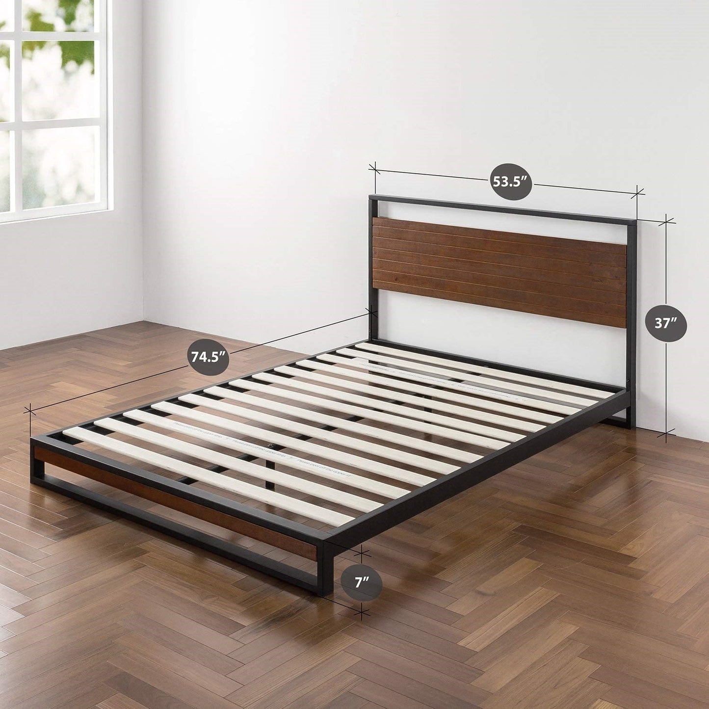 Estructura de cama de plataforma de metal y madera tamaño matrimonial con cabecero