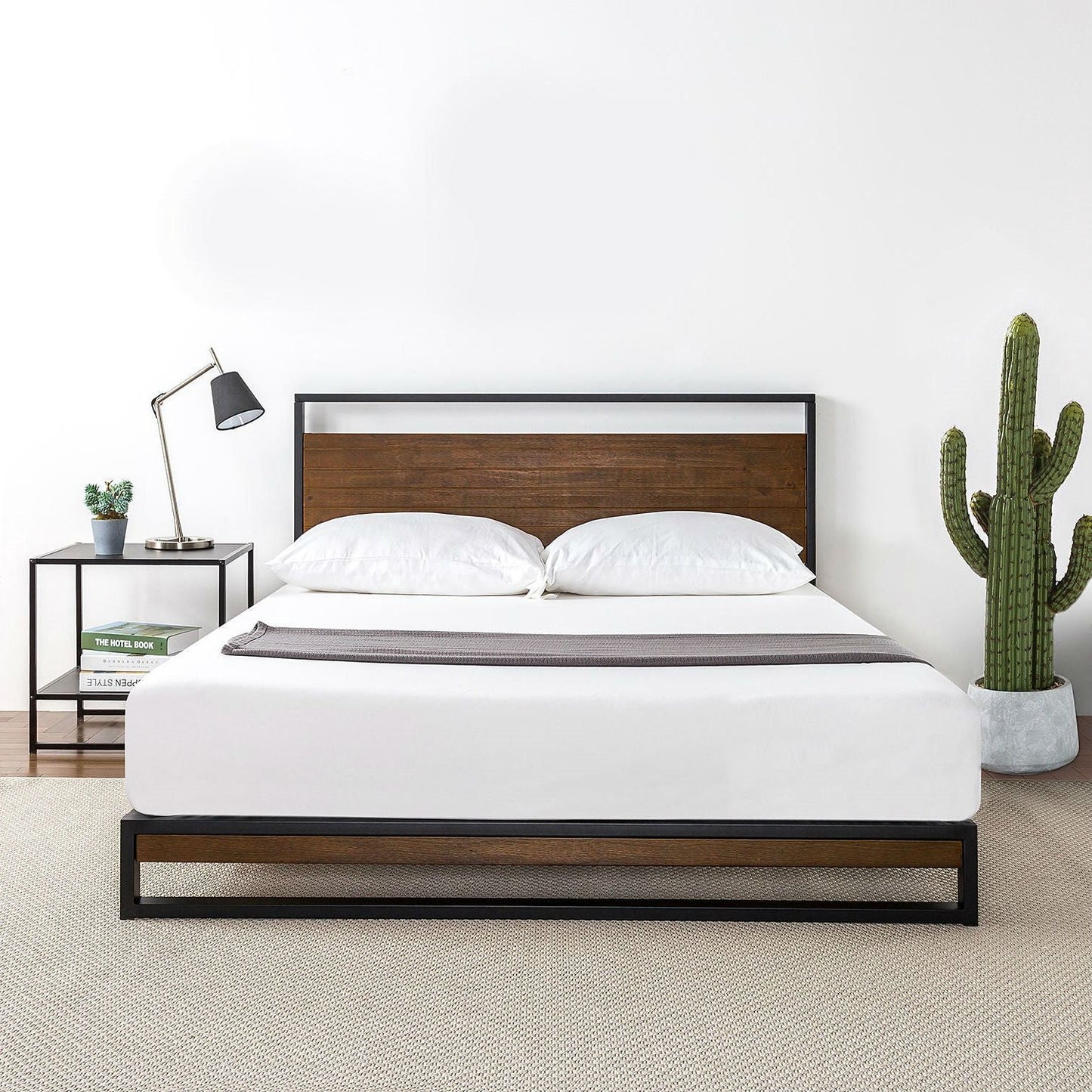 Base de cama Queen size de metal y madera con cabecero