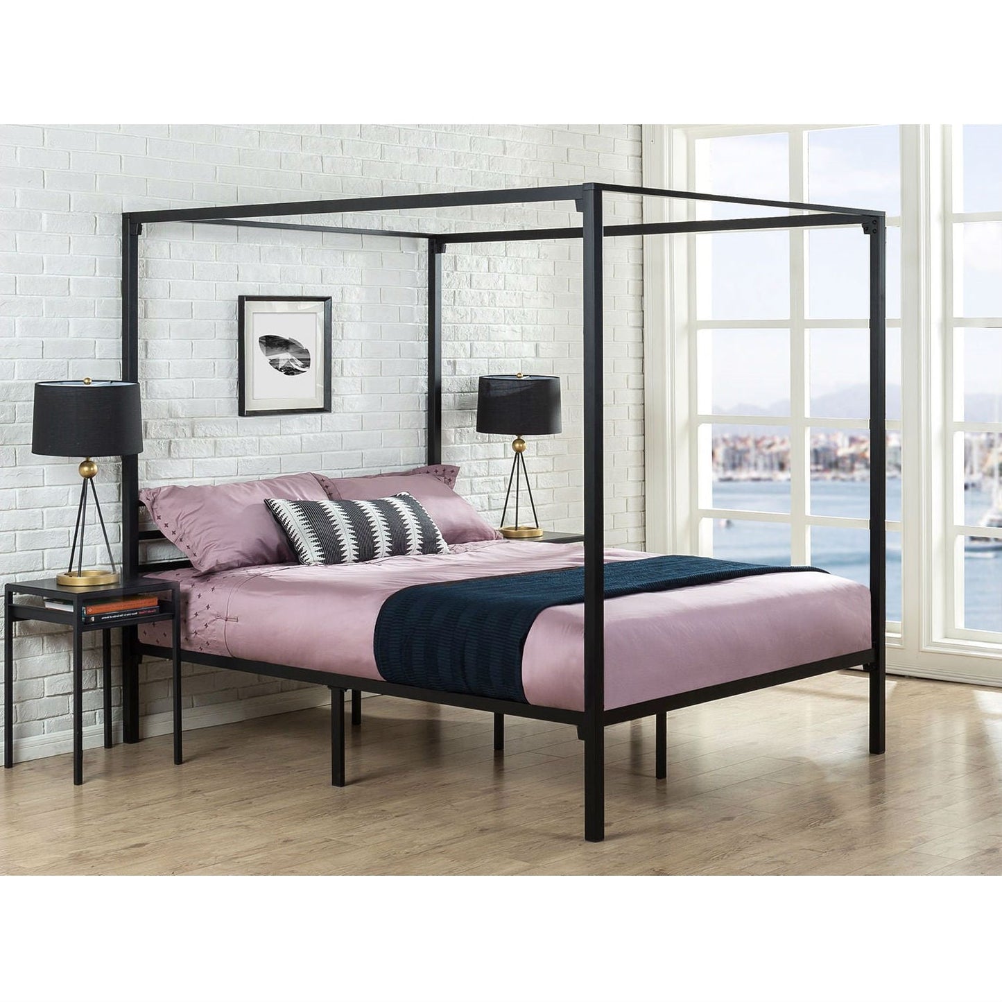 Estructura de cama con dosel Queen size moderna de metal negro