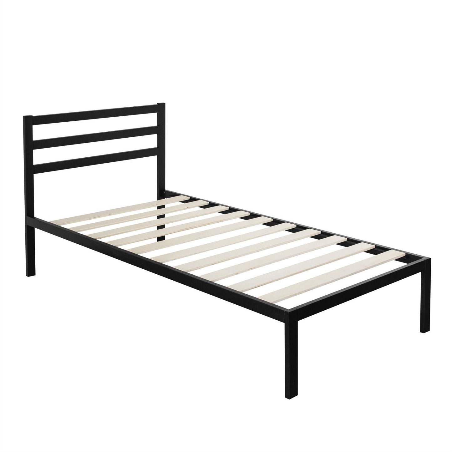 Base de cama de plataforma doble moderna de metal con cabecero y listones de madera