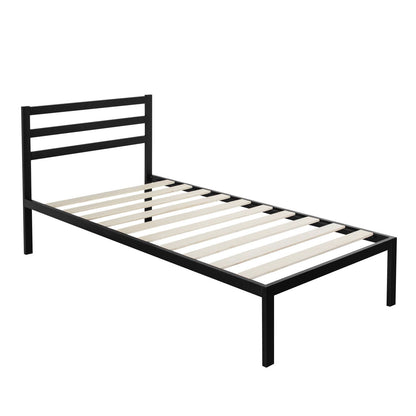 Base de cama de plataforma doble moderna de metal con cabecero y listones de madera