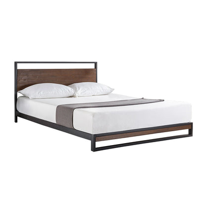 Estructura de cama plataforma individual de metal y madera con cabecero