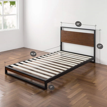 Estructura de cama plataforma individual de metal y madera con cabecero