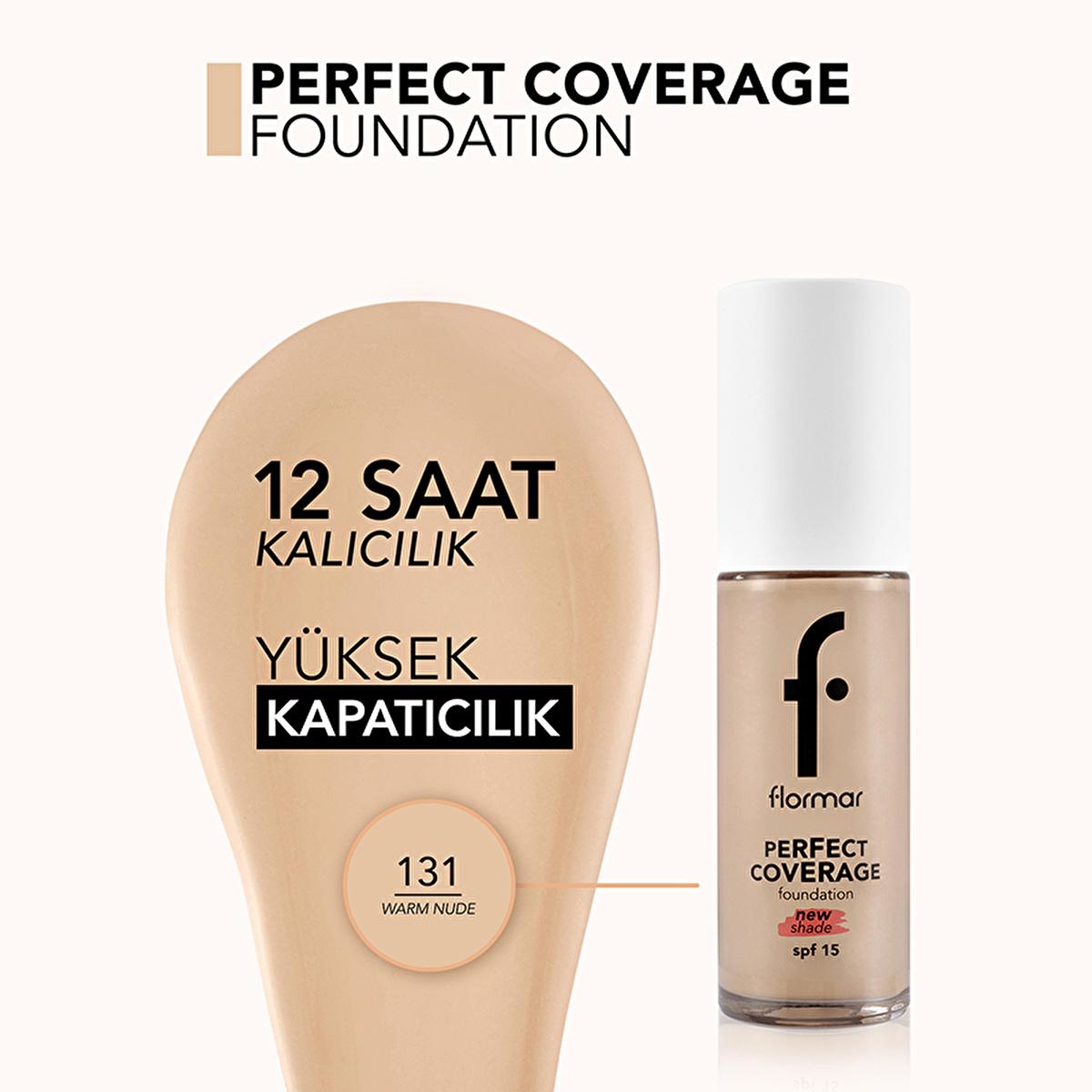 Foundation Flormar Perfect Coverage 131 Warm Nude SPF 15 beige bottle and swatch on Tampa Home & Garden Store