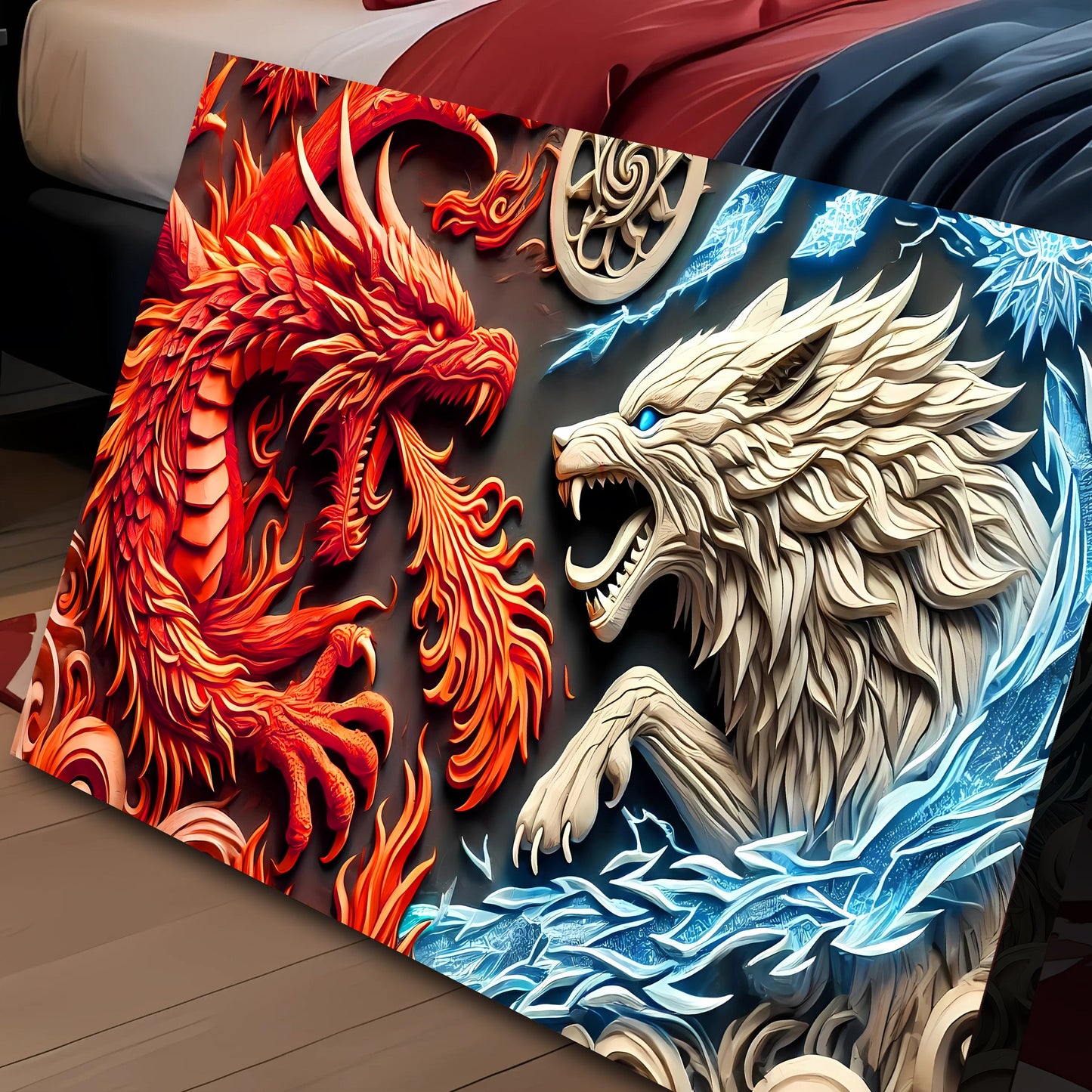 3D Dragon and Wolf Wall Art V canvas by Tailored Canvases; fiery red dragon and pale wolf on blue ice on Tampa Home & Garden Store