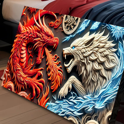 3D Dragon and Wolf Wall Art V canvas by Tailored Canvases; fiery red dragon and pale wolf on blue ice on Tampa Home & Garden Store