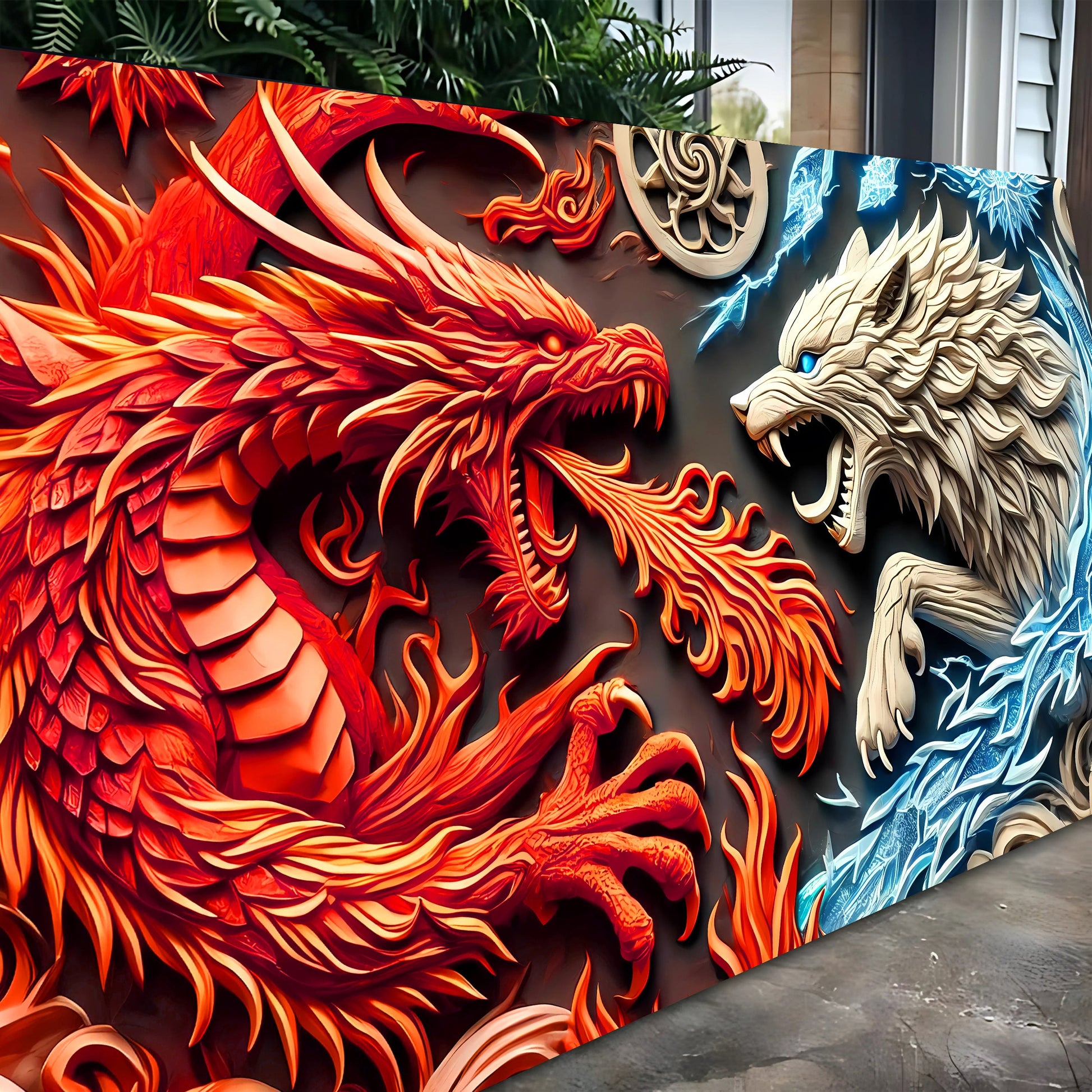 3D Dragon and Wolf Wall Art V canvas with red dragon left and beige wolf right, textured panels on Tampa Home & Garden Store