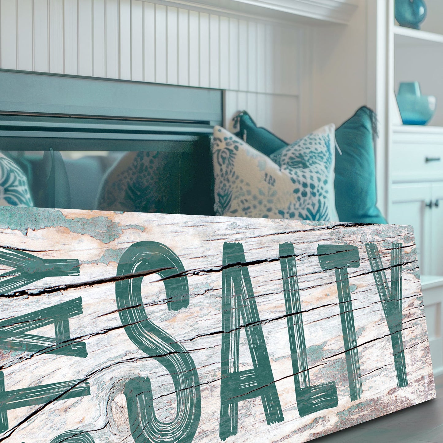 Stay Salty Coastal Sign VI canvas by Tailored Canvases, teal distressed lettering on wood on Tampa Home & Garden Store