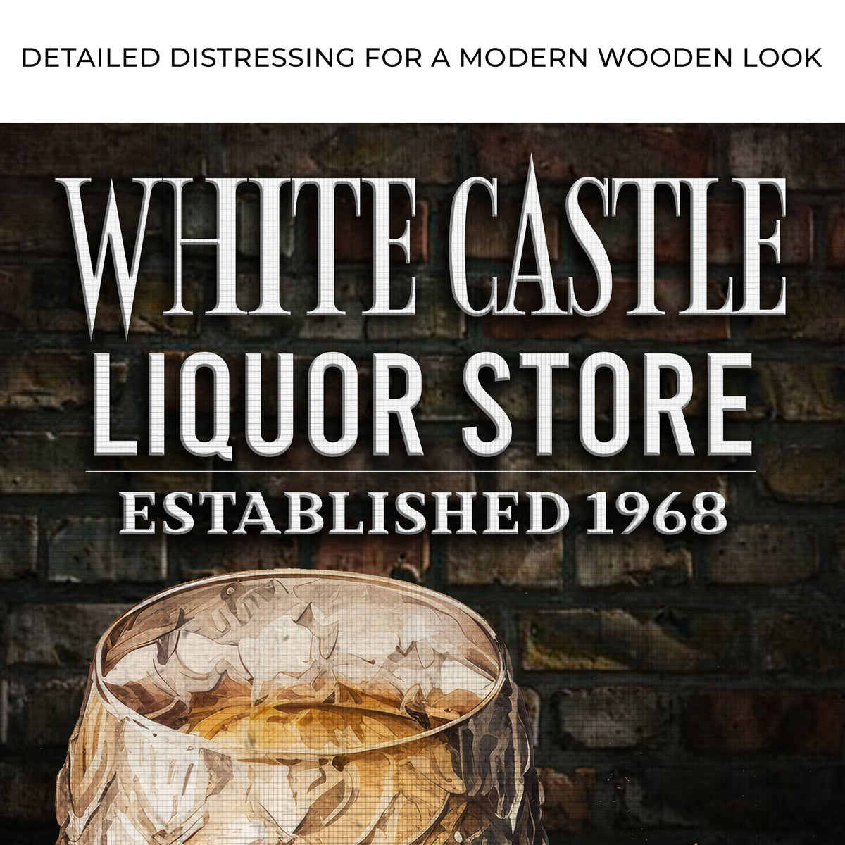 Liquor Store Sign III canvas; vintage wood backdrop with white lettering established 1968 on Tampa Home & Garden Store