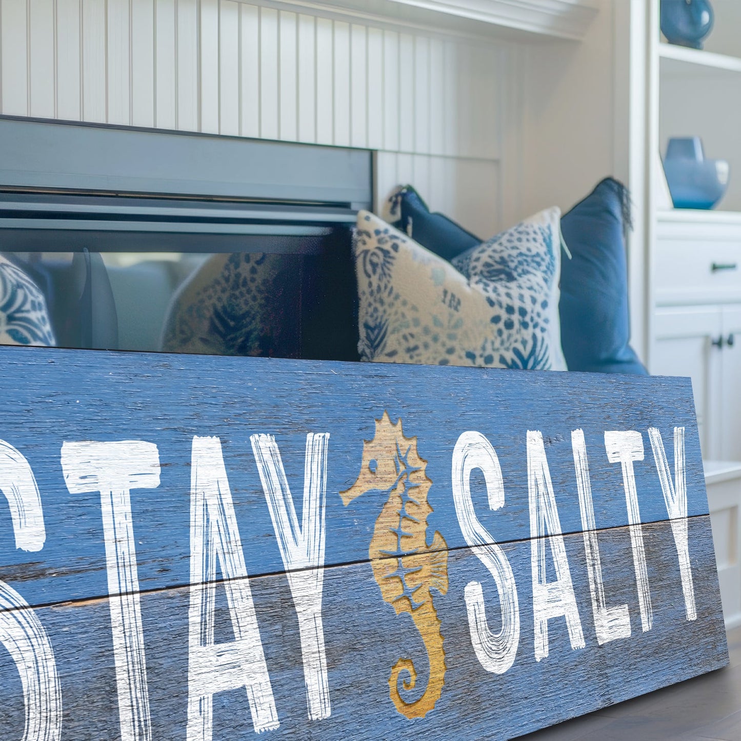 Stay Salty Coastal Sign VII canvas with white lettering and gold seahorse Tailored Canvases on Tampa Home & Garden Store