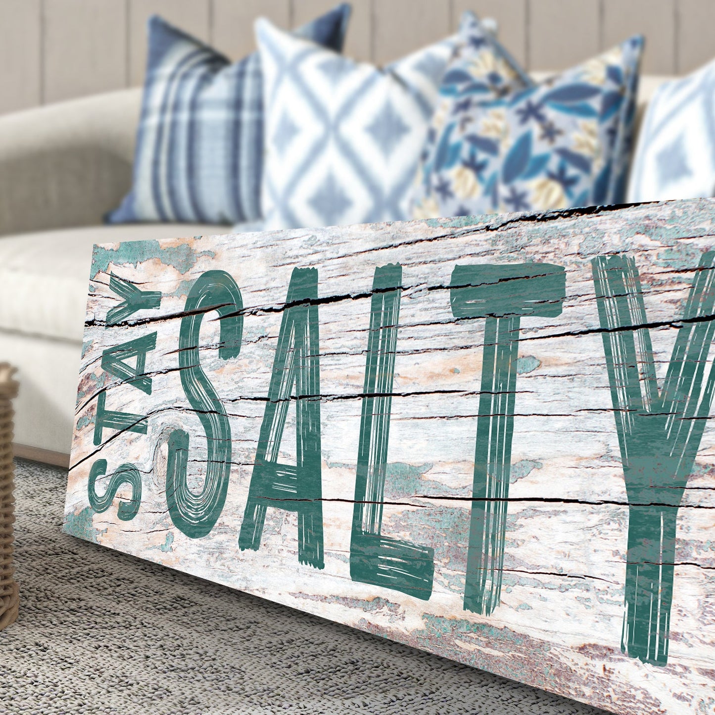 Stay Salty Sign VI canvas art with distressed teal lettering on weathered wood panel on Tampa Home & Garden Store