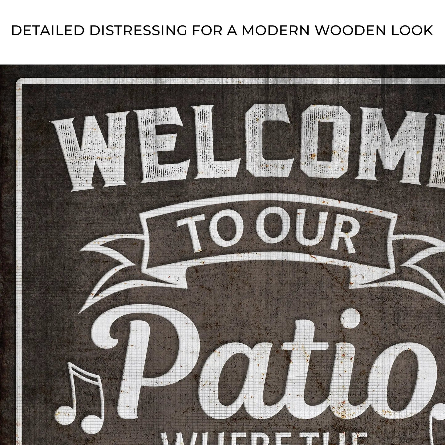 Canvas sign Welcome To Our Patio Sign II with white lettering on rustic backdrop on Tampa Home & Garden Store
