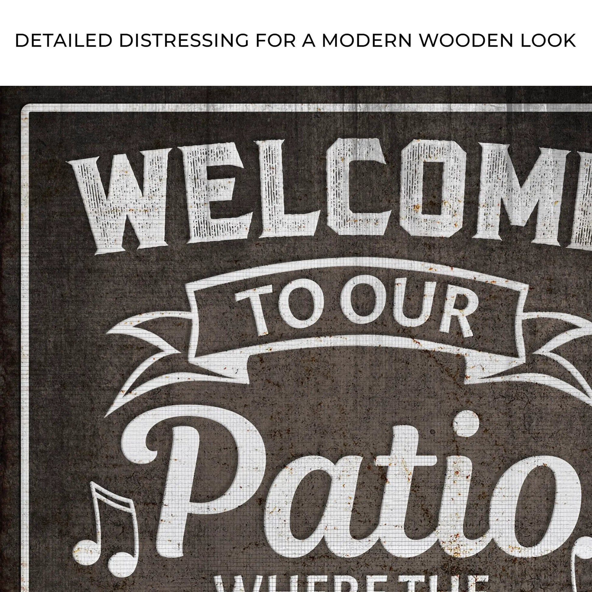 Canvas sign Welcome To Our Patio Sign II with white lettering on rustic backdrop on Tampa Home & Garden Store