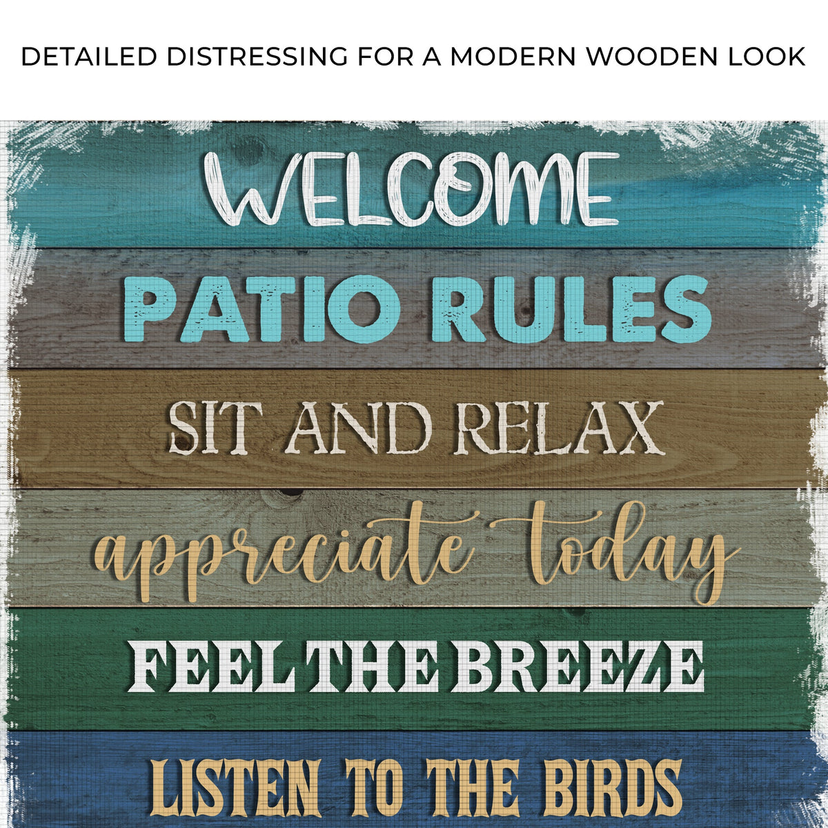 Patio Rules Sign canvas by Tailored Canvases on distressed wood planks with teal lettering on Tampa Home & Garden Store