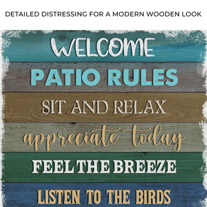 Patio Rules Sign canvas by Tailored Canvases on distressed wood planks with teal lettering on Tampa Home & Garden Store