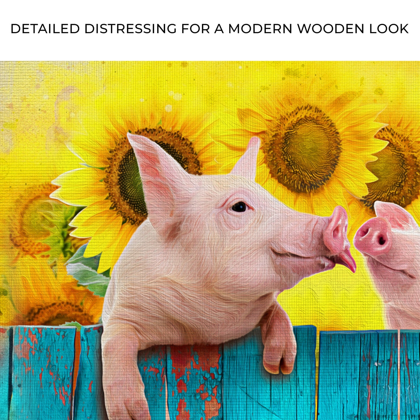 Sunflower Pigs canvas wall art by Tailored Canvases; bright sunflowers frame a pink pig on canvas on Tampa Home & Garden Store