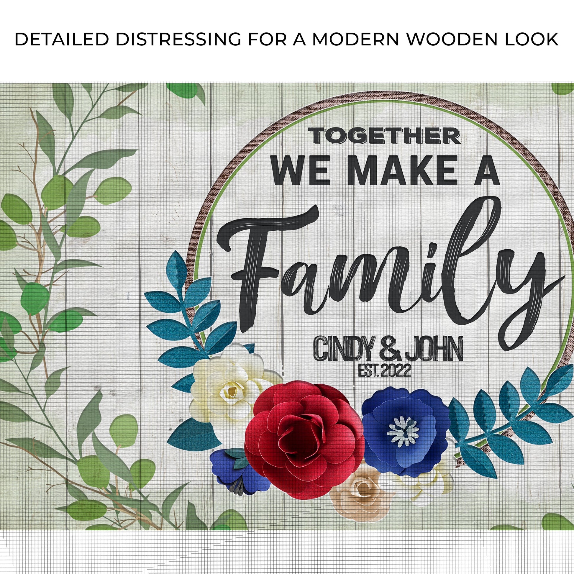 Together We Make A Family Sign canvas by Tailored Canvases; floral border on rustic canvas on Tampa Home & Garden Store