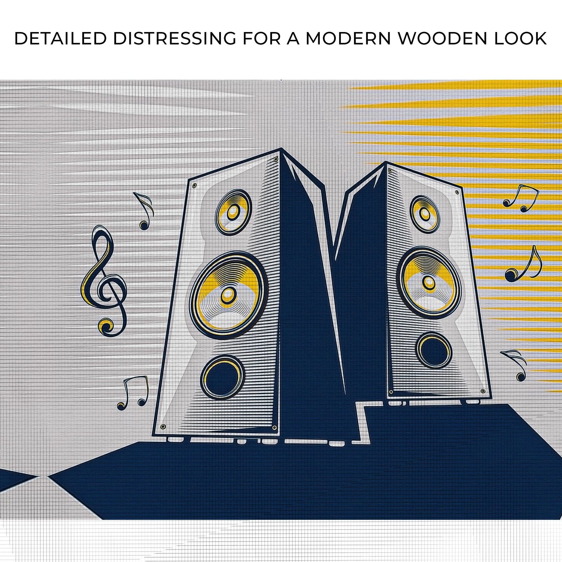 Music equipment speakers pop art canvas with yellow speaker cones and blue frames on Tampa Home & Garden Store