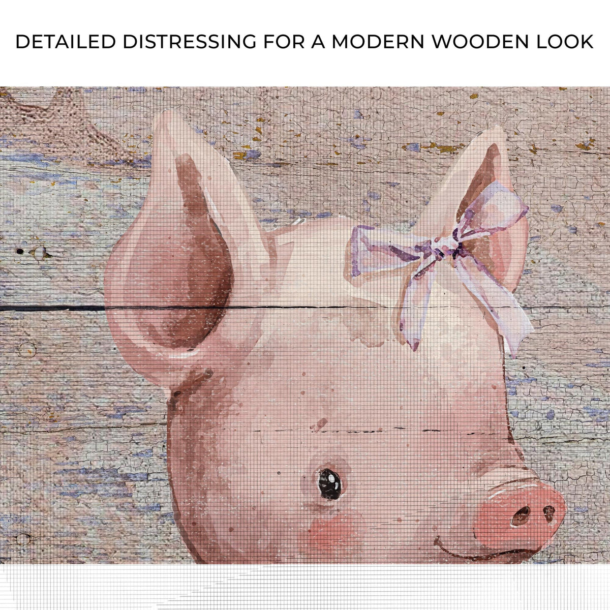 Simple Ribbon Dress Pig Canvas Wall Art pink pig in a ribbon dress on weathered wood on Tampa Home & Garden Store