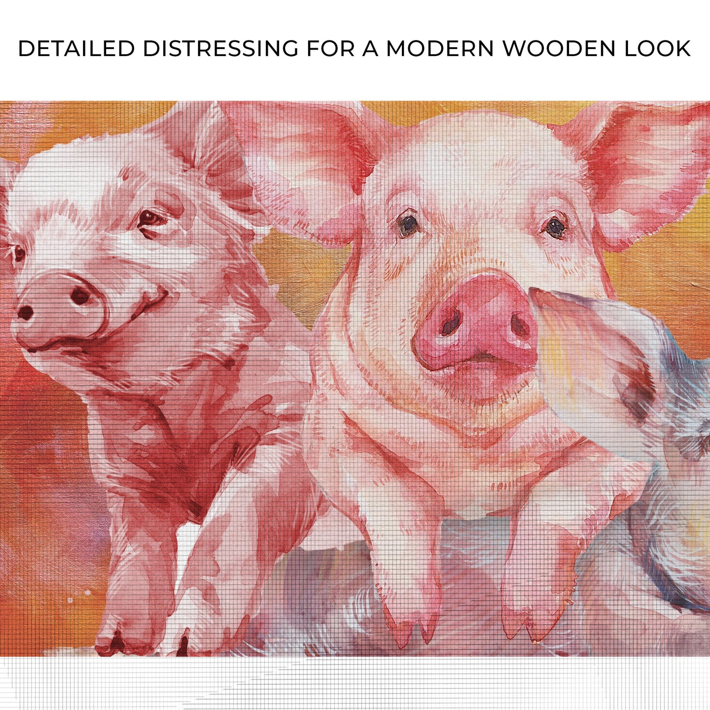 Three Baby Pigs Watercolor Canvas Wall Art; pink piglets on warm orange background on Tampa Home & Garden Store
