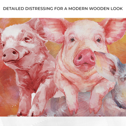 Three Baby Pigs Watercolor Canvas Wall Art; pink piglets on warm orange background on Tampa Home & Garden Store