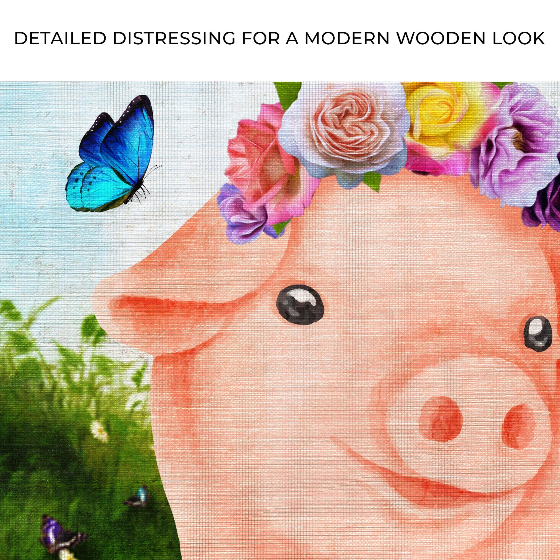 The Most Adorable Pig Canvas Wall Art by Tailored Canvases showcasing a blue butterfly and spring flowers on Tampa Home & Garden Store
