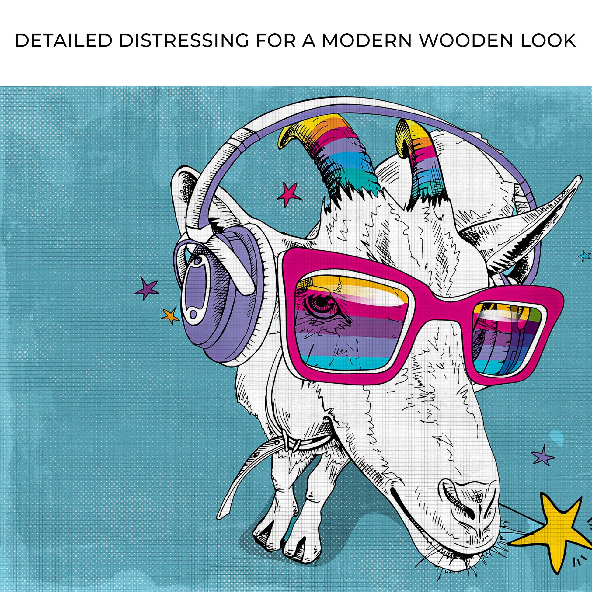 Rainbow Cool Goat Canvas Wall Art by Tailored Canvases; rainbow headphones on teal backdrop on Tampa Home & Garden Store