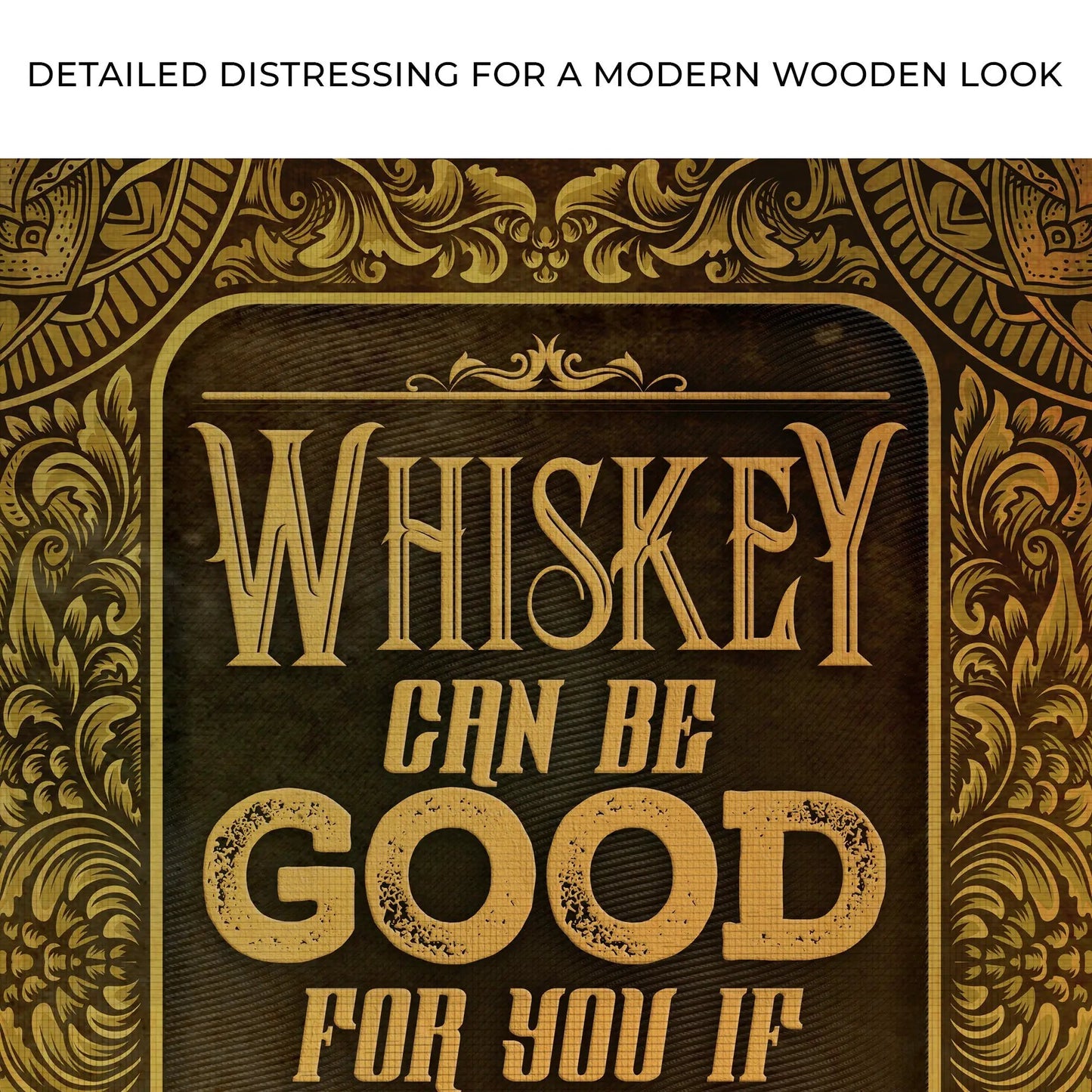 Whiskey Sign II crafting canvas by Tailored Canvases with gold scrollwork and WHISKEY lettering on Tampa Home & Garden Store