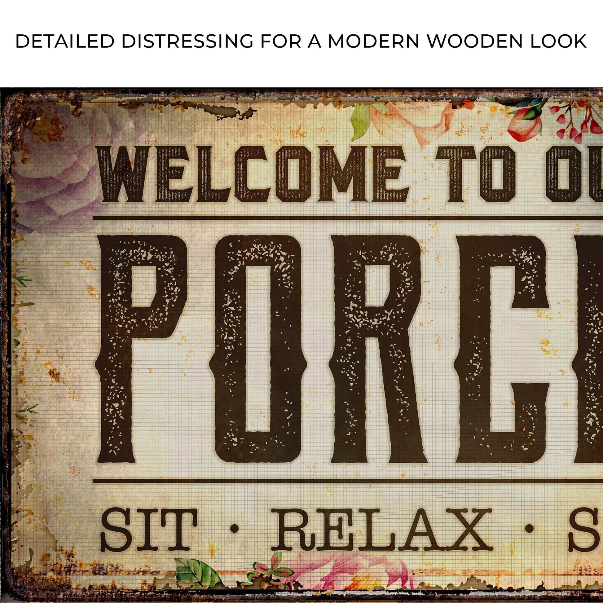 Welcome To Our Porch Sign III canvas by Tailored Canvases with distressed brown lettering on Tampa Home & Garden Store