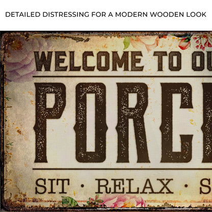 Welcome To Our Porch Sign III canvas by Tailored Canvases with distressed brown lettering on Tampa Home & Garden Store
