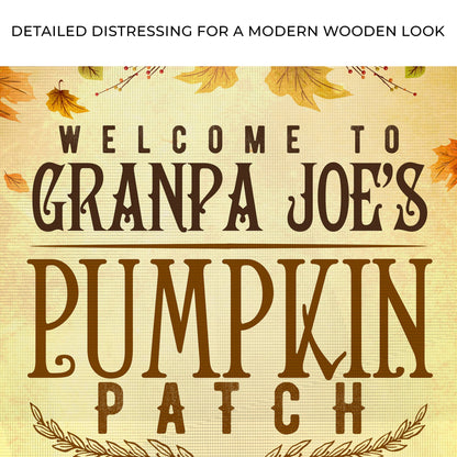 Pumpkin Patch Open Daily Sign canvas with brown text and autumn leaves on beige background on Tampa Home & Garden Store