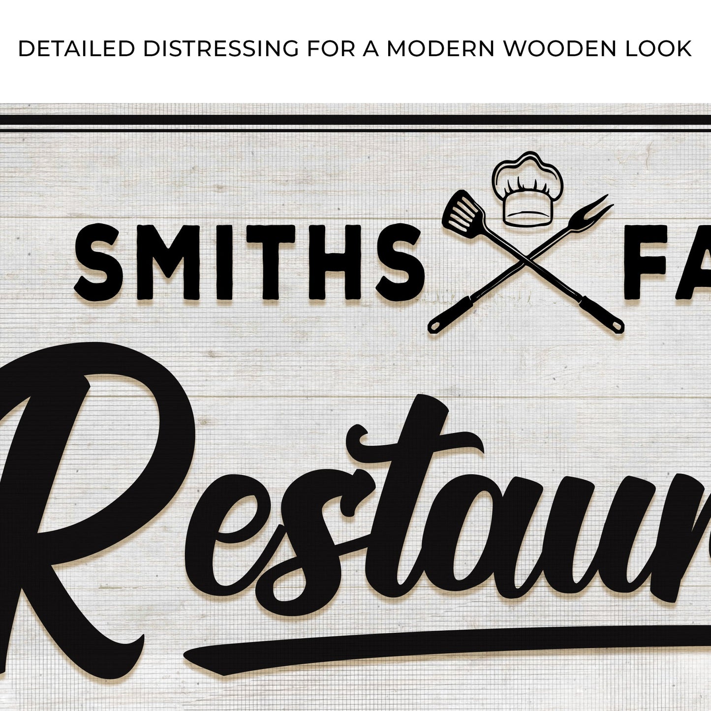 Restaurant Sign V canvas with wood-look, chef hat and crossed utensils emblem on wood texture on Tampa Home & Garden Store