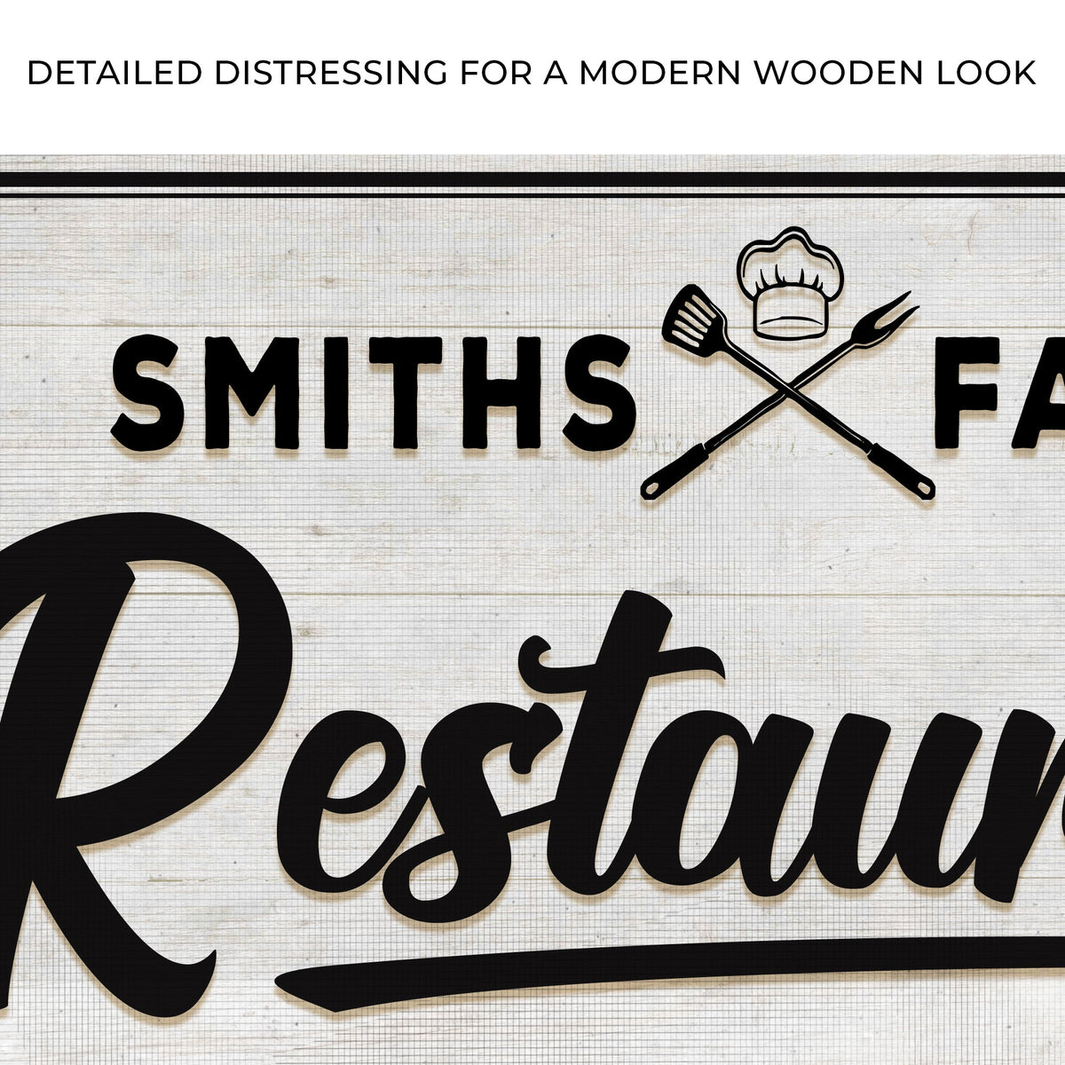 Restaurant Sign V canvas with wood-look, chef hat and crossed utensils emblem on wood texture on Tampa Home & Garden Store