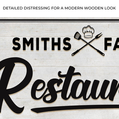 Restaurant Sign V canvas with wood-look, chef hat and crossed utensils emblem on wood texture on Tampa Home & Garden Store