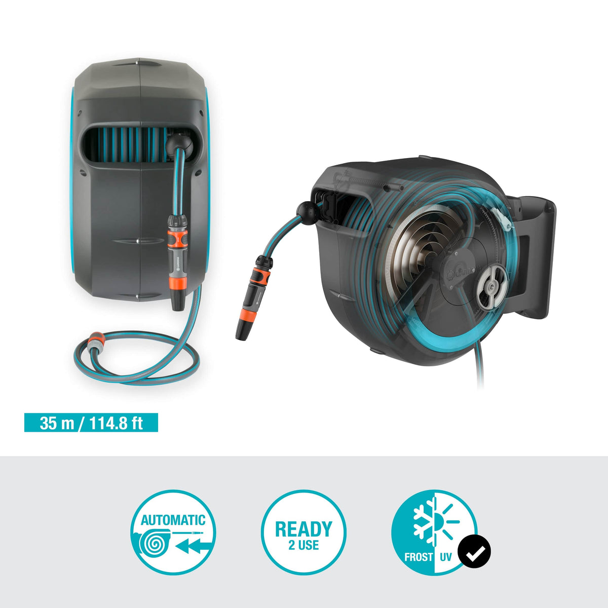Gardena RollUp XL wall-mounted hose box with 35 m hose, grey with teal accents on Tampa Home & Garden Store