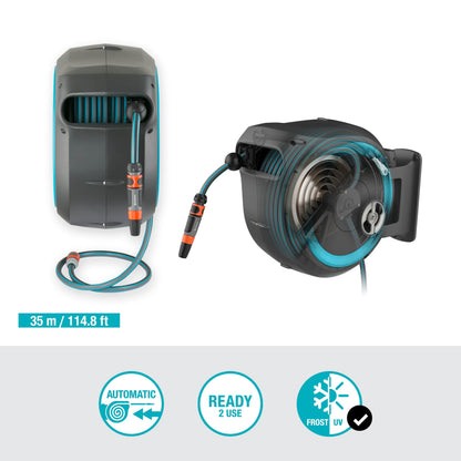 Gardena RollUp XL wall-mounted hose box with 35 m hose, grey with teal accents on Tampa Home & Garden Store