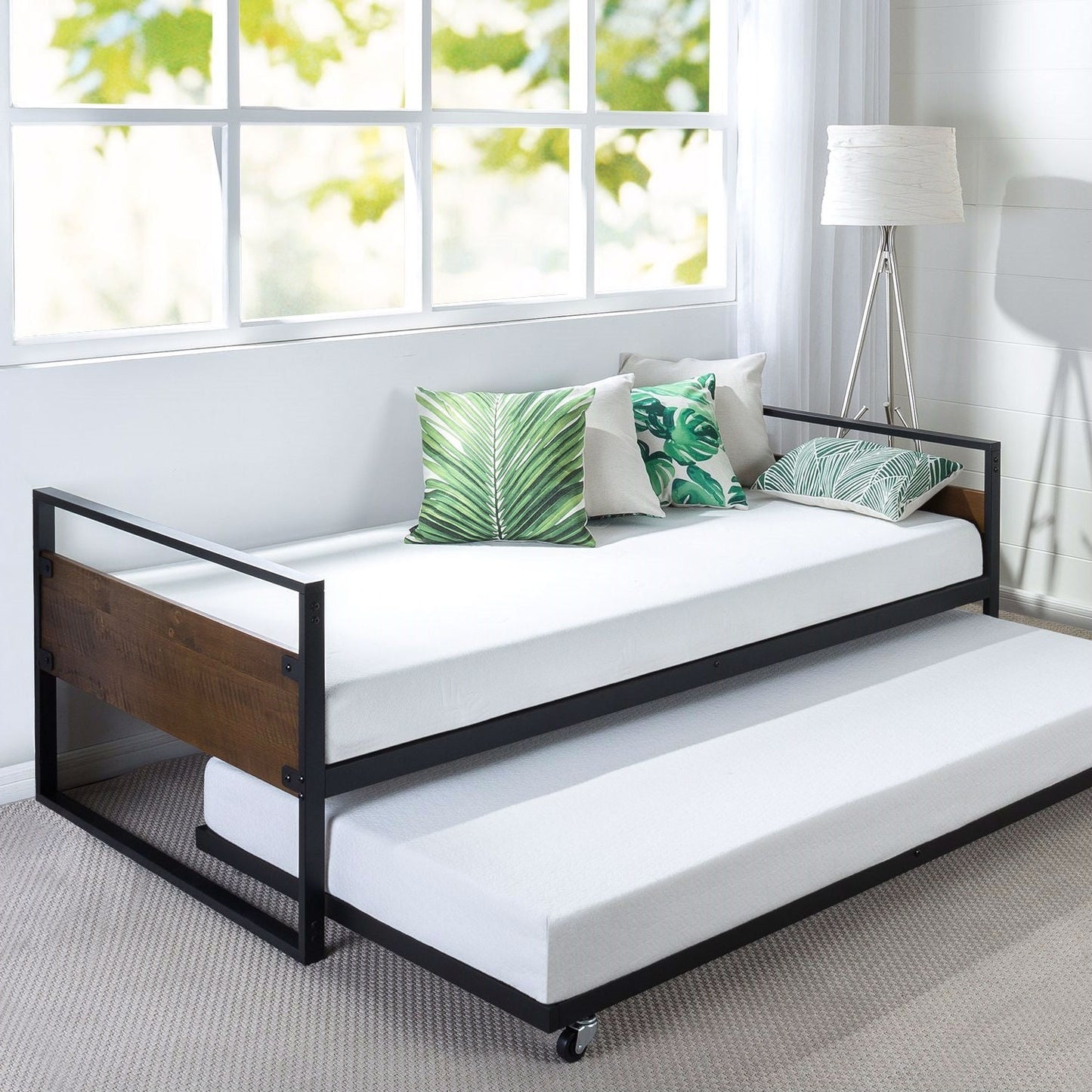 Marco de cama de día de metal y madera tamaño Twin con cama nido extraíble